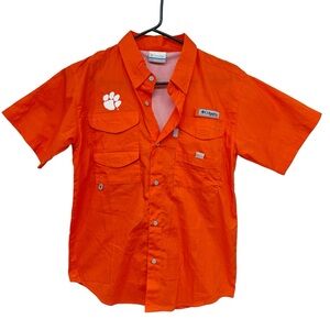 Boys Columbia PFG Fishing Shirt Button Down Orange Clemson Tiger Univers…